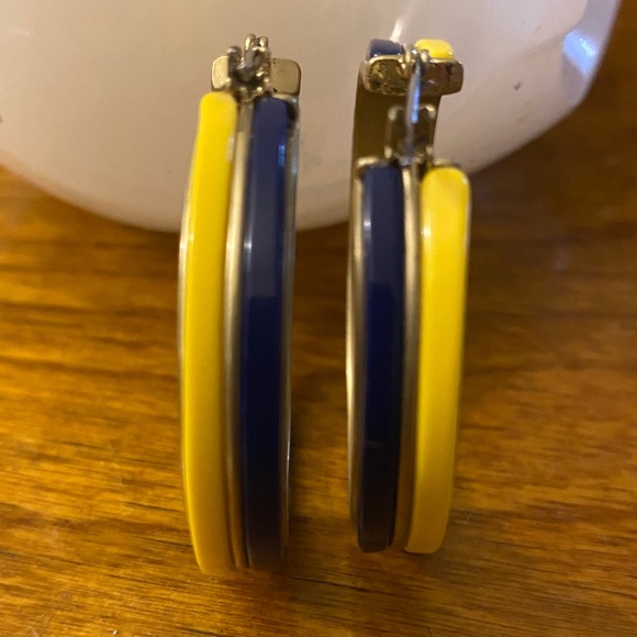 Gold W/Blue & Yellow Enamel 1.5" Hoop Earrings - Picture 2 of 6